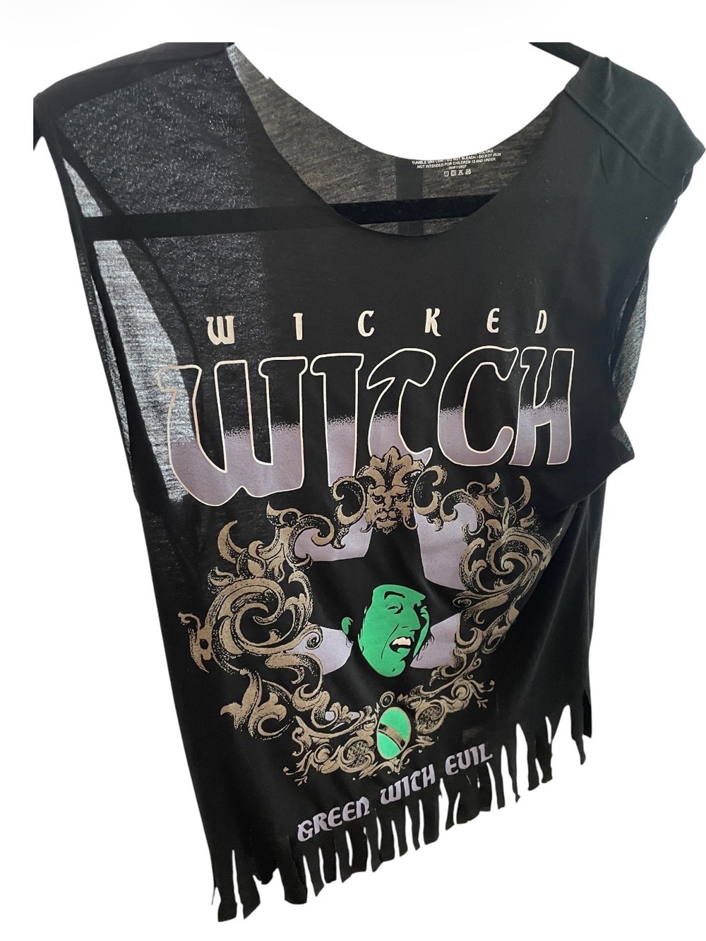 Wicked Witch Graphic Fringe Tank Top - Black & Green Accent